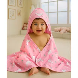 Babyhug Cotton Knit Hooded Wrapper With Bird Print L 78 x B 75.5 cm - Pink-picture-29