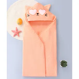 Babyhug Cotton Knit Hooded Wrapper With Cat Embroidery & Ear Applique L 76 x B 76 cm - Peach-picture-23