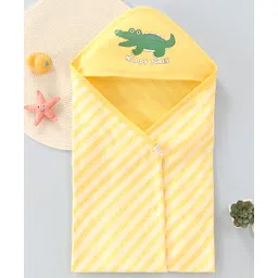 Babyhug Cotton Knit Hooded Wrapper with Crocodile Print & Stripes L 76 x B 76 cm - Yellow-picture-30