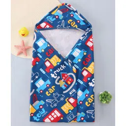 Babyhug Cotton Knit Hooded Wrapper with Vehicle Print L 76 x B 76 cm - Navy Blue-picture-38