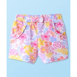 Babyhug Cotton Knit Mid Thigh Shorts with Bow Applique & Floral Print - Pink & Purple-picture-27