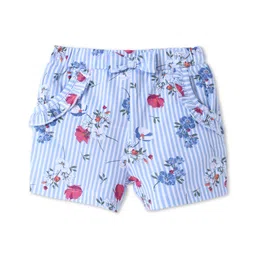 Babyhug Cotton Knit Mid Thigh Shorts with Floral Print Frill Detailing & Bow Applique- Blue-picture-16