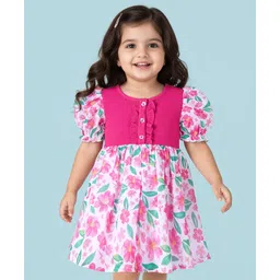 Babyhug Cotton Knit Puffed Sleeves Frock with Frill Detailing Floral Print - Dark Pink & White-picture-28