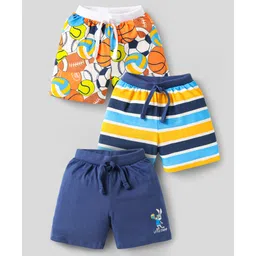Babyhug Cotton Knit Shorts with Sports Theme Print & Stripes Pack of 3 - White & Navy Blue-picture-24
