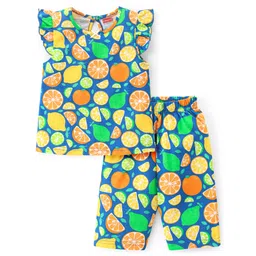 Babyhug Cotton Knit Single Jersey Frill Sleeves Capri Night Suit With Citric Fruits Print - Navy Blue & Green-picture-14