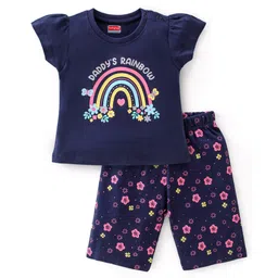 Babyhug Cotton Knit Single Jersey Half Sleeves Capri Night Suit With Floral Print - Navy Blue-picture-12