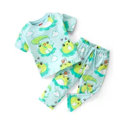 Babyhug Cotton Knit Single Jersey Half Sleeves Night Suit With Frog Print - Green & Blue-picture-25