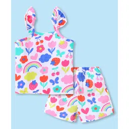 Babyhug Cotton Knit Single Jersey Sleeveless Night Suit With Floral Print - White-picture-22