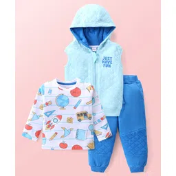 Babyhug Cotton Knit Sleeveless Hooded Front Zipper Jacket With T-Shirt & Lounge Pants Back to School Theme Printed - Blue-picture-39