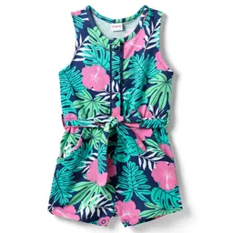 Babyhug Cotton Knit Sleeveless Jumpsuit with Belt & Floral Print - Blue & Green-picture-22