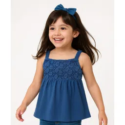 Babyhug Cotton Knit Sleeveless Singlet Top with Crotchet Detailing - Navy Blue image 1