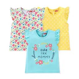 Babyhug Cotton Knit Sleeveless T-Shirt with Frill Floral & Dot Graphics Pack of 3- Blue & Yellow-picture-15