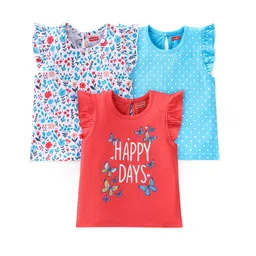 Babyhug Cotton Knit Sleeveless T-Shirt with Frills Floral & Dot Graphics Pack of 3- Blue & Red-picture-16