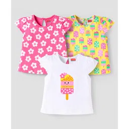 Babyhug Cotton Knit Sleeveless T-Shirts With Floral & Ice- Cream Print Pack Of 3 - Pink Yellow & White-picture-11