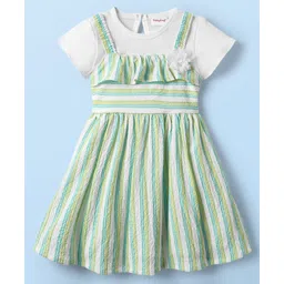 Babyhug Cotton Knit Striped Frock & Half Sleeves Inner Tee With Floral Applique - Green & White-image-26
