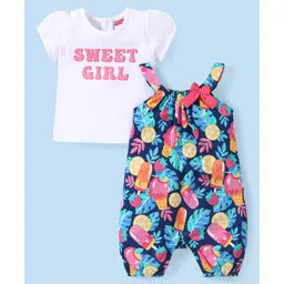 Babyhug Cotton Knit Tropical Printed Dungaree with Half Sleeves Inner Tee - Multicolour-image-31