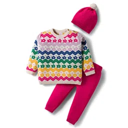 Babyhug Cotton Knitted Full Sleeves Sweater Set With Floral Design & Cap - Pink & White-picture-16