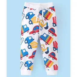 Babyhug Cotton Looper Knit Full Length Lounge Pant Construction Vehicles Printed - White-picture-10