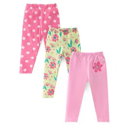 Babyhug Cotton Lycra Full Length Floral Printed Leggings Pack of 3 - Pink & Cream-picture-12