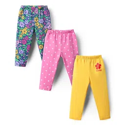 Babyhug Cotton Lycra Full Length Leggings Polka Dots & Floral Print Pack of 3 - Pink Yellow & Blue-picture-27