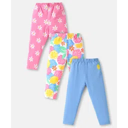 Babyhug Cotton Lycra Full Length Skinny Fit Leggings with Stretch Floral & Leafy Print Pack of 3 - Pink Blue & White-picture-23
