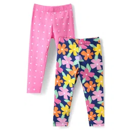 Babyhug Cotton Lycra Full Length Skinny Fit Leggings with Stretch Floral & Polka Dot Print Pack of 2 - Pink & Navy-picture-26