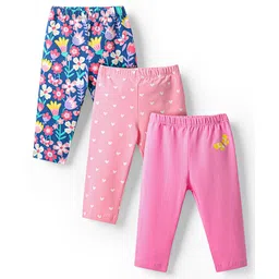 Babyhug Cotton Lycra Knit Full Length Floral & Heart Printed Leggings With Stretch Pack Of 3 - Pink Blue & Dark Pink-picture-31