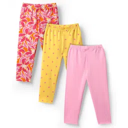Babyhug Cotton Lycra Knit Full Length Floral & Polka Dots Printed Leggings With Stretch Pack Of 3 - Pink Yellow & Red-picture-32