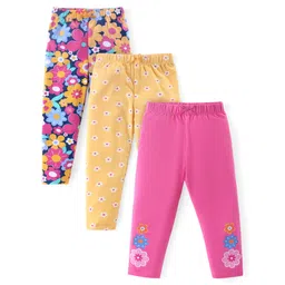 Babyhug Cotton Lycra Knit Full Length Floral Printed Leggings Pack of 3 - Pink Yellow & Blue image 1