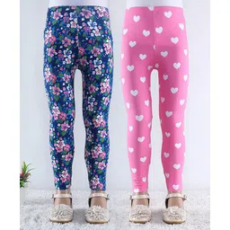 Babyhug Cotton Lycra Knit Full Length Hearts & Floral Printed Leggings Pack of 2 - Multicolour-picture-18