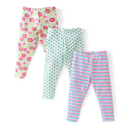 Babyhug Cotton Lycra Knit Full Length Leggings Floral Printed Pack of 3 - Blue-picture-35