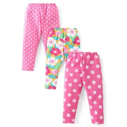 Babyhug Cotton Lycra Knit Full Length Leggings With Floral & Polka Dots Print Pack Of 3 - Pink Green & Dark Pink-picture-25