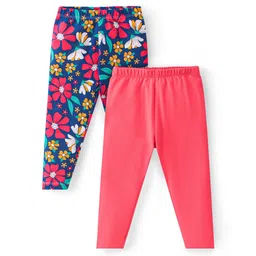 Babyhug Cotton Lycra Knit Full Length Leggings With Floral Print Pack Of 2 - Blue & Pink-picture-32
