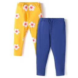 Babyhug Cotton Lycra Knit Full Length Leggings With Floral Print Pack of 2 - Blue & Yellow-picture-23
