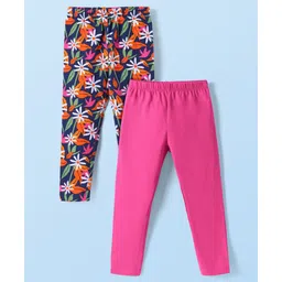 Babyhug Cotton Lycra Knit Full Length Leggings With Floral Print Pack of 2 - Navy Blue & Dark Pink-picture-29