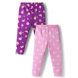 Babyhug Cotton Lycra Knit Full Length Leggings With Floral Print Pack Of 2 - Purple & Pink-picture-35