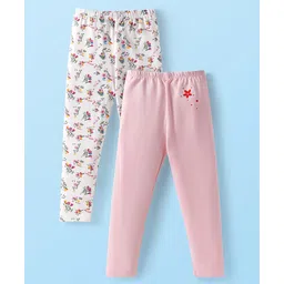 Babyhug Cotton Lycra Knit Full Length Leggings With Floral Print Pack of 2 - White & Light Pink-picture-27