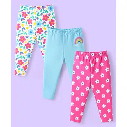 Babyhug Cotton Lycra Knit Full Length Leggings with Floral Print Pack of 3 - Pink Light Blue & White image 1
