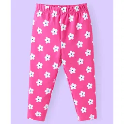 Babyhug Cotton Lycra Knit Full Length Leggings with Floral Print Pack of 3 - Pink Light Blue & White image 2