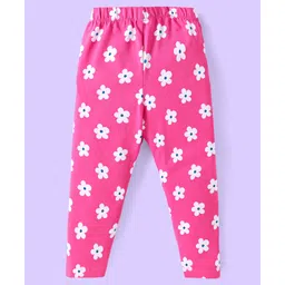 Babyhug Cotton Lycra Knit Full Length Leggings with Floral Print Pack of 3 - Pink Light Blue & White image 3