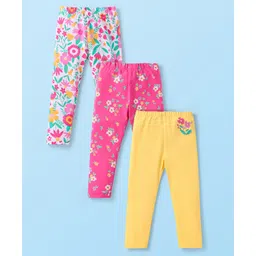 Babyhug Cotton Lycra Knit Full Length Leggings With Floral Print Pack of 3 - Yellow Pink & White-picture-33
