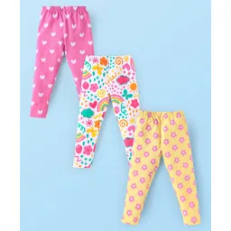 Babyhug Cotton Lycra Knit Full Length Leggings With Heart & Floral Print Pack of 3 - Dark Pink White & Yellow-picture-26