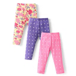Babyhug Cotton Lycra Knit Full Length Leggings With Polka Dots & Floral Print Pack Of 3 - Pink Purple & Yellow-picture-28