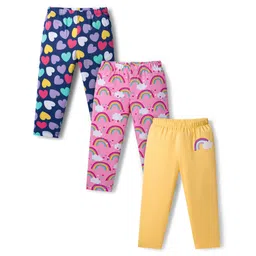 Babyhug Cotton Lycra Knit Full Length Leggings with Stretch with Heart & Rainbow Print Pack of 3 - Light Orange Pink & Navy Blue-picture-31