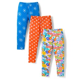 Babyhug Cotton Lycra Knit Full Length Polka Dot & Floral Printed Leggings Pack of 3 - Blue Orange & White-picture-28