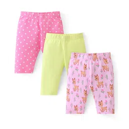 Babyhug Cotton Lycra Knit Three Fourth Legging Solid Color & Deer Print Pack of 3 - Green Pink & Peach-picture-11