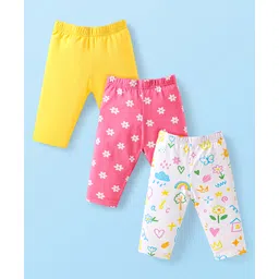 Babyhug Cotton Lycra Knit Three Fourth Length Leggings With Butterfly & Floral Print Pack Of 3 - Yellow Pink & White-picture-14