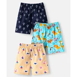 Babyhug Cotton Poplin Woven Boxers with Nautical & AnimalsPrint Pack of 3 - Blue & Peach image 1