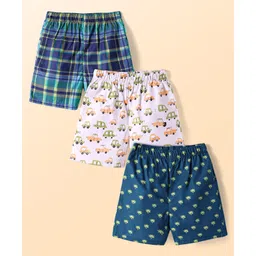 Babyhug Cotton Poplin Woven Boxers with Vehicle & Tropical Theme Print Pack of 3 - Navy Blue & White-picture-13