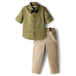 Babyhug Cotton Poplin Woven Full Sleeves Printed Shirt & Stretchable Trouser Set with Suspenders & Bow - Olive Green & Khaki-picture-27